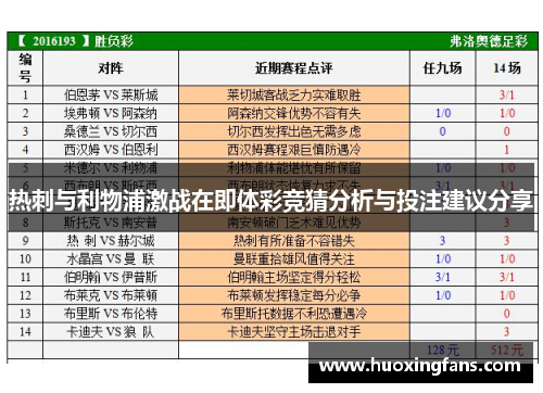 热刺与利物浦激战在即体彩竞猜分析与投注建议分享